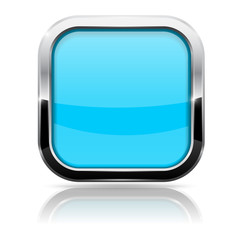 Blue glass button. Square shiny 3d icon with metal frame