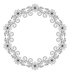 Elegant round frame with contours of flowers.  Vector clip art