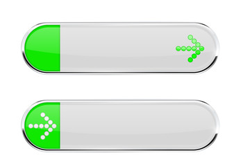White buttons with green tags and ARROW sign. Menu interface elements with metal frame