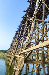 long wooden bridge in Sangklaburi, Thailand, vintage filter image