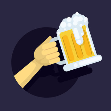 vector illustration of a large glass mug  fresh foamy beer in the hand   man on  dark background in the circle