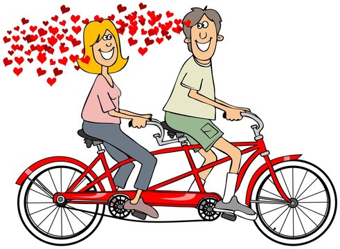 Illustration of a couple in love riding a tandem bicycle.