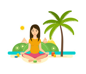 Obraz na płótnie Canvas Tropical summer girl is engaged in yoga and meditation.
