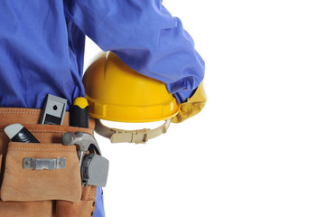 Naklejka premium Construction worker with tool bag & yellow safety helmet.