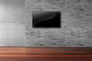 Living room led tv on brick wall in empty interrior