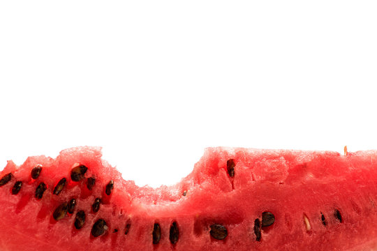 bitten off red watermelon slice isolated on white