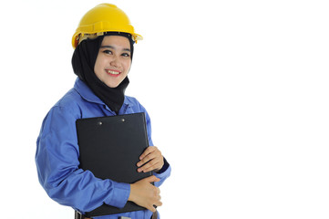 Construction worker wear yellow safety helmet in happy mode while holding a file