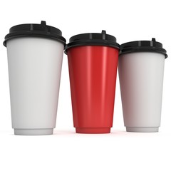 Disposable coffee cups. Blank paper mug. 3d render isolated on white background