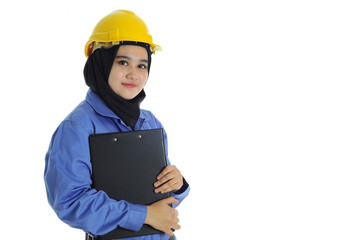 Construction worker wear yellow safety helmet in normal mode while holding a file