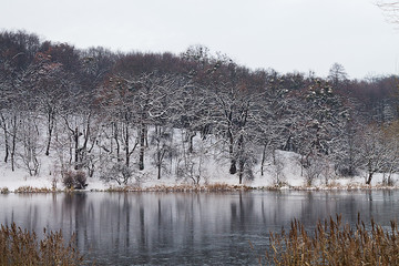 Winter lake with a coast, hilly, overgrown with snow-covered trees