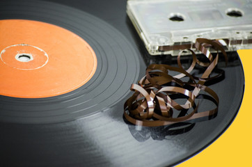 vintage vinyl record and audiotape