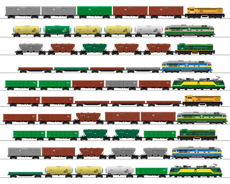 Cargo train cars. Railway carriage. vector. set.