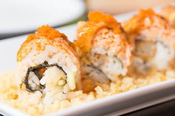 Salmon sushi roll on white plate