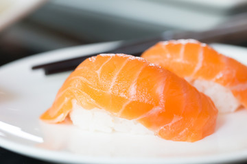 Salmon sushi on plate
