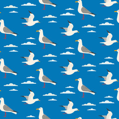 Maritime seamless pattern. Seagull nautical symbol. Freehand drawn cartoon sailing signs. Vector Seashore summer marine element. Template sea beach background for textile, packaging, print projects