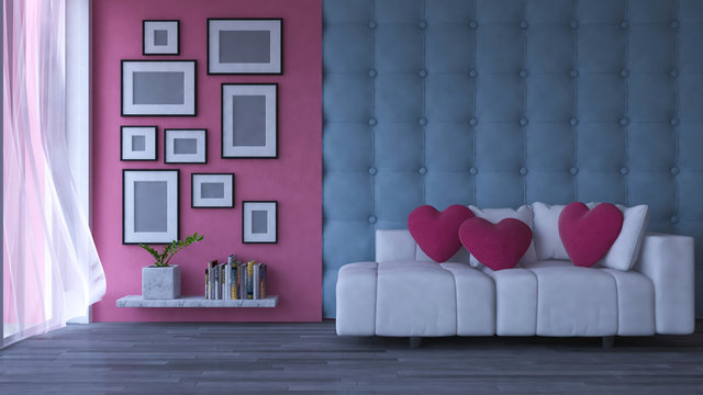 3d rendering image of interior design living room.pink heart pillow on sofa set place on the wooden floor which have photo frames on the concrete and leather wall as background. Valentine day concept 