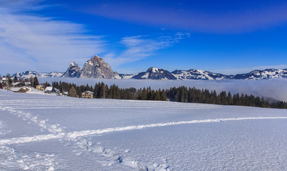 Wintertime view in the village of Stoos, in the Swiss canton of Schwyz