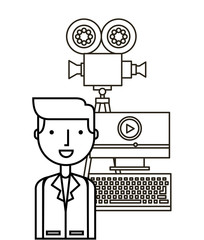 man with computer and video recorder over white background. vector illustration