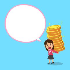 Businesswoman carrying big money stack with white speech bubble