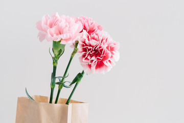 Beautiful bouquet of pink spring flowers in the kraft bag on a light background. Happy International Women's Day, March 8, holiday card