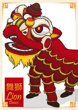 Traditional Chinese Red Lion Costume For Dance In Holidays, Vector Illustration