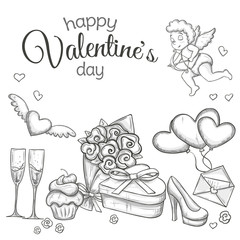 Set of Valentine's Day icons. Monochrome sketch style illustration for Valentine's Day  greeting card and decoration. Vector.