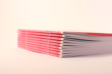 Nine pink school books on a light background
