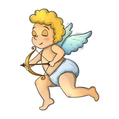 Colorful sketch style illustration of Cupid with bow and arrow on white background, symbol of love and Valentine's Day. Vector.