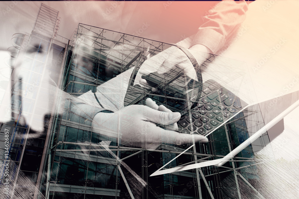 Poster double exposure of man hand using voip headset with digital tabl
