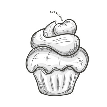 Monochrome sketch style illustration of cupcake with cream on white background. Vector.