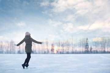 girl winter snow field freedom