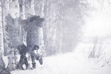Fototapeta na wymiar blurred background Young women winter nature