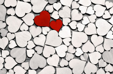 Red wood heart on hearts background, valentine day concept.