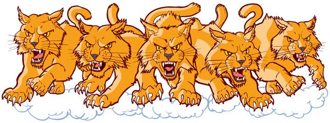 Group of Mean Wildcat Cartoon Mascots Charging Forward