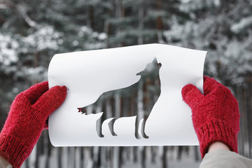 Wolf Shape Cut Out from Y Paper against Winter Forest. Concept of Taiga Dwellers
