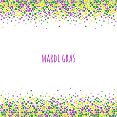 Mardi gras dotted pattern with space for text. Colorful dots of various size on the white background. Vector abstract background EPS10.