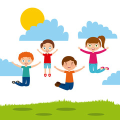 cute kids jumping over sunny day landscape. colorful design. vector illustration