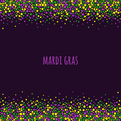 Mardi gras dotted pattern with space for text. Colorful dots of various size on the dark purple background. Vector abstract background EPS10.