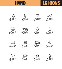 Hand with different objects icon set