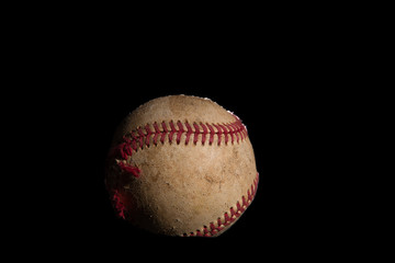 A used baseball on a black background