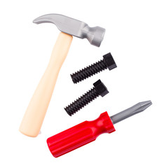 plastic children toy tools on white