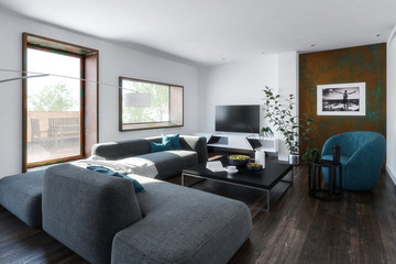 3D render scene of living room with furniture