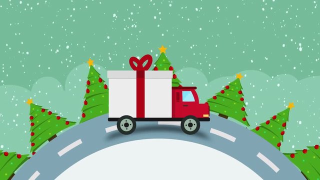 Colorful animation of Christmas and New Year greeting card with gift delivery van goes on winter road in snow at evening seamless loop with copy space, Christmas Gift Delivery Concept.
