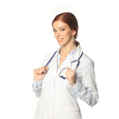 Fototapeta premium Medical physician doctor woman. Portrait of young woman doctor with white coat
