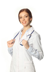 Medical physician doctor woman. Portrait of young woman doctor with white coat