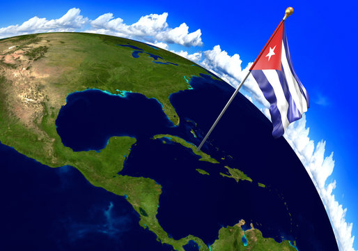 Cuba national flag marking the country location on world map. 3D rendering, parts of this image furnished by NASA