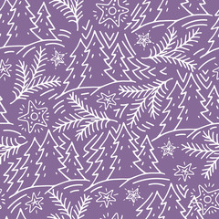 seamless hand-drawn pattern with fir trees and stars