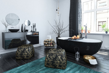 Oriental style bathroom with black lacquer decor