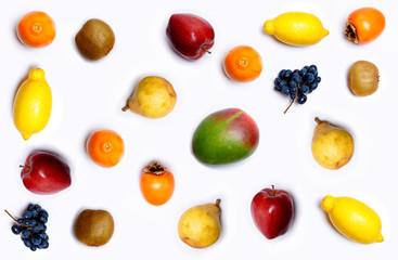  Mango, kiwi, tangerine, lemon, pear, grape, persimmon, apple.
