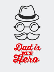 happy father's day card with mustache, hat and glasses icon over white background. colorful design. vector illustration